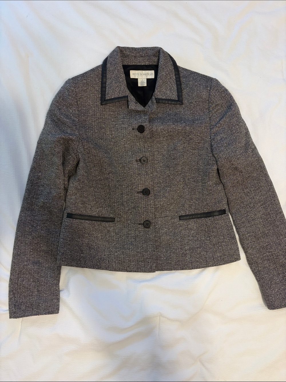 Petite Sophisticate Gray Wool Blend Blazer with Black Trim